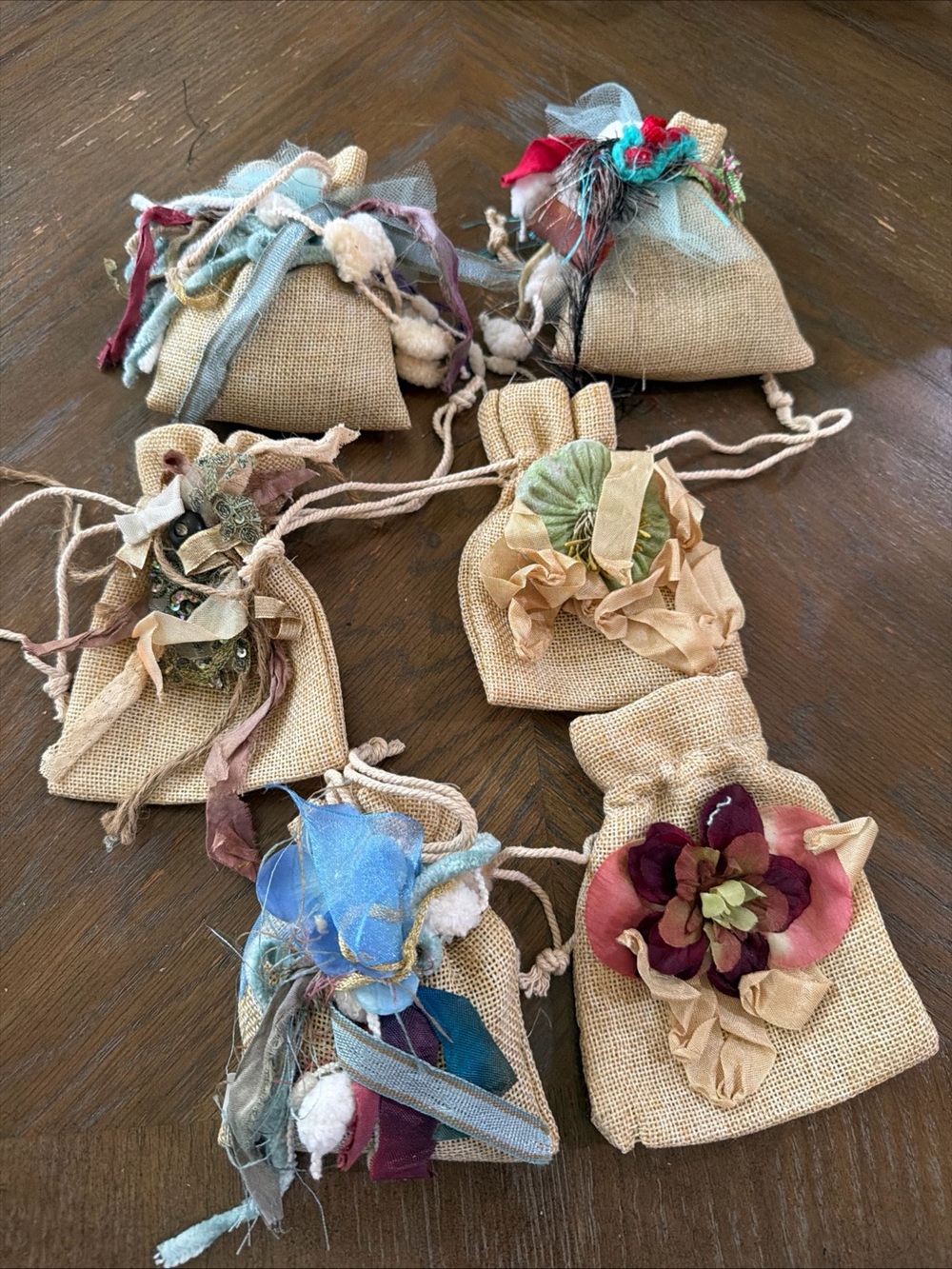 6  BURLAP SACKS 3.5 X 5”WEDDING FAVOR BAGS WITH DRAWSTRINGS With Vintage Trims